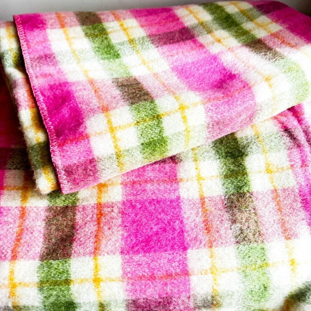 Ayers Vintage Pink Green Plaid Wool Blend Blanket